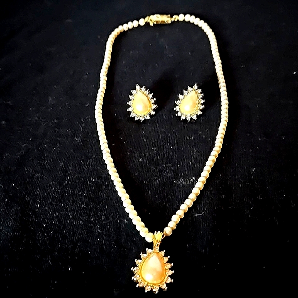 Vintage Monet Faux Gold Pearl And Diamond Necklace With Pendant and Earrings